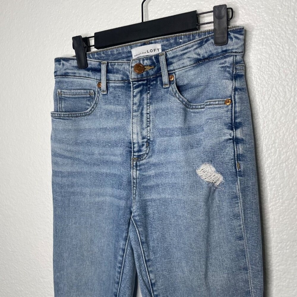 Loft Curvy High Waist Skinny Ankle Jeans Blue Distressed Raw Hem Size 25 0 - Picture 11 of 15